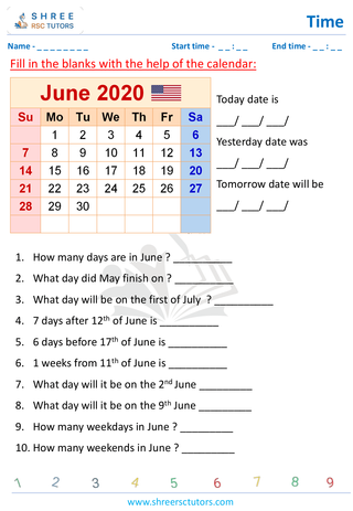 Grade 4  Maths worksheet: Time application - Calendar