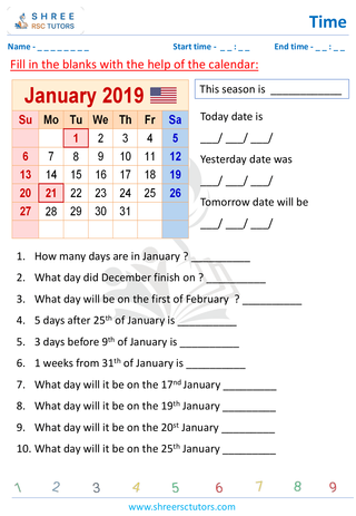 Grade 4  Maths worksheet: Time application - Calendar