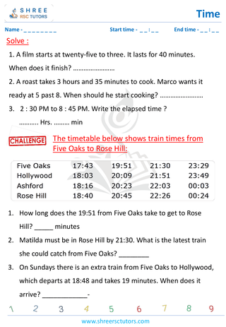 Grade 4  Maths worksheet: Time application - Elapsed time