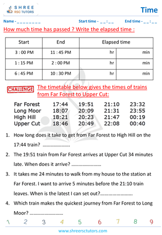 Grade 4  Maths worksheet: Time application - Elapsed time