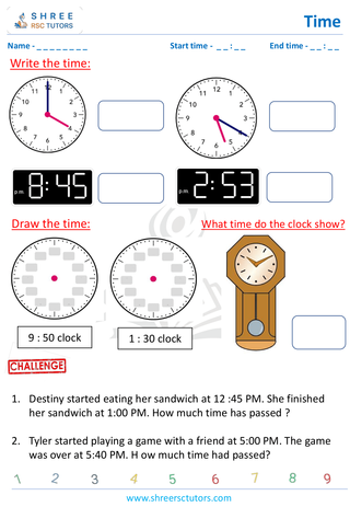 Grade 4  Maths worksheet: Time application - Writing and drawing time