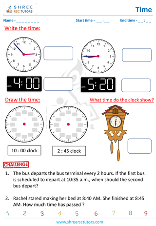 Grade 4  Maths worksheet: Time application - Writing and drawing time