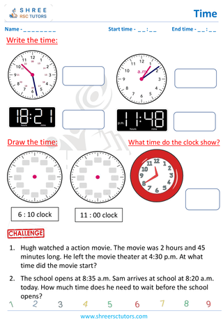 Grade 4  Maths worksheet: Time application - Writing and drawing time