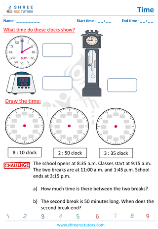 Grade 4  Maths worksheet: Time application - Writing and drawing time