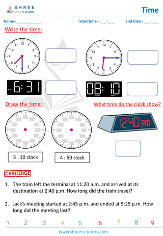 Grade 4  Maths worksheet: Time application - Writing and drawing time