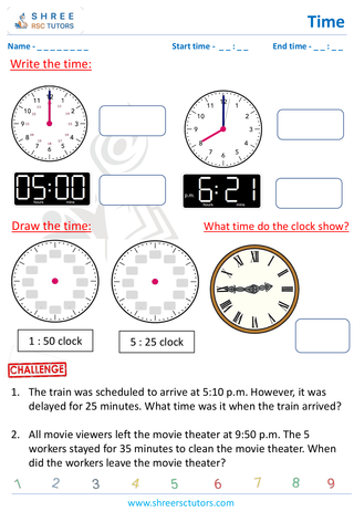 Grade 4  Maths worksheet: Time application - Writing and drawing time