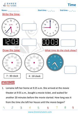 Grade 4  Maths worksheet: Time application - Writing and drawing time