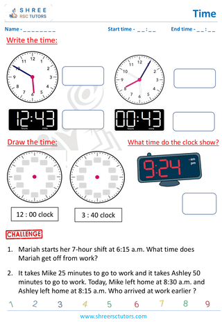 Grade 4  Maths worksheet: Time application - Writing and drawing time