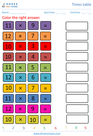 Grade 4  Maths worksheet: Time-table Practice - Practice of 10's, 11's and 12's time tables