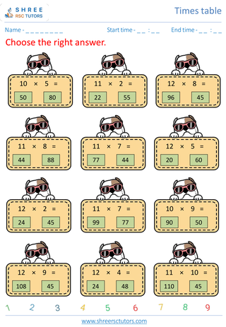 Grade 4  Maths worksheet: Time-table Practice - Practice of 10's, 11's and 12's time tables