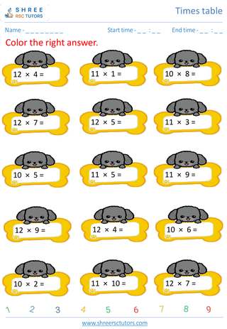 Grade 4  Maths worksheet: Time-table Practice - Practice of 10's, 11's and 12's time tables