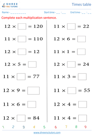 Grade 4  Maths worksheet: Time-table Practice - Practice of 10's, 11's and 12's time tables