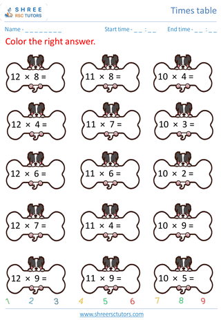 Grade 4  Maths worksheet: Time-table Practice - Practice of 10's, 11's and 12's time tables