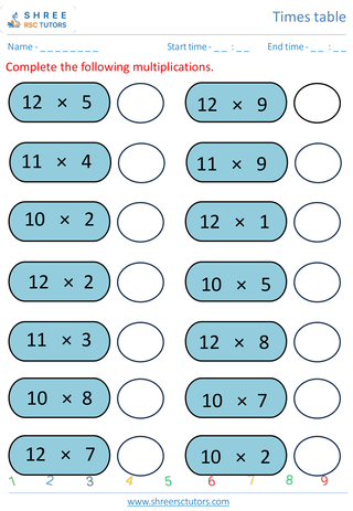 Grade 4  Maths worksheet: Time-table Practice - Practice of 10's, 11's and 12's time tables