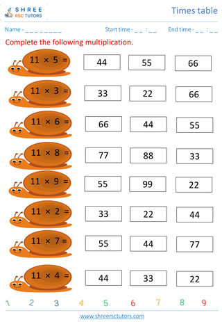 Grade 4  Maths worksheet: Time-table Practice - Practice of 11's time table