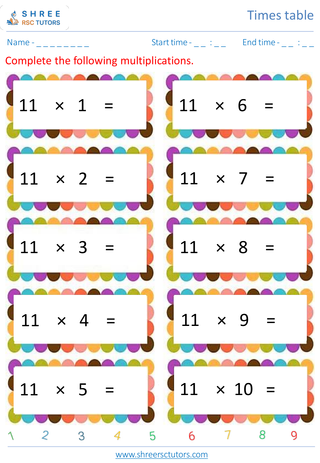 Grade 4  Maths worksheet: Time-table Practice - Practice of 11's time table