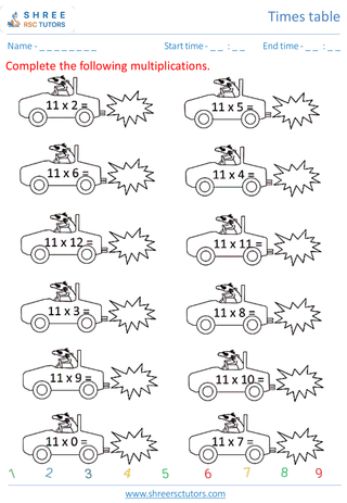 Grade 4  Maths worksheet: Time-table Practice - Practice of 11's time table