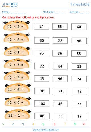 Grade 4  Maths worksheet: Time-table Practice - Practice of 12's time table