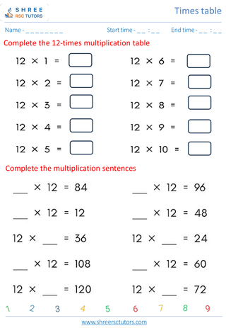 Grade 4  Maths worksheet: Time-table Practice - Practice of 12's time table