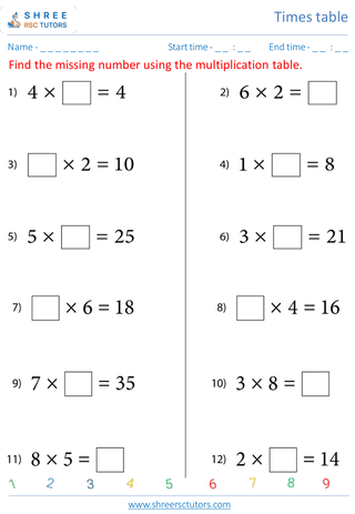 Grade 4  Maths worksheet: Time-table Practice - Practice of 2 to 7's time tables