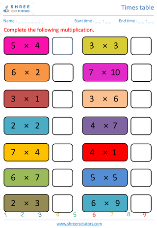 Grade 4  Maths worksheet: Time-table Practice - Practice of 2 to 7's time tables