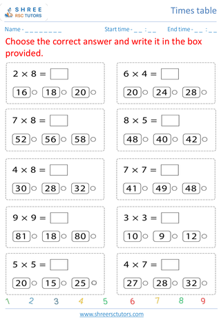 Grade 4  Maths worksheet: Time-table Practice - Practice of 2 to 7's time tables