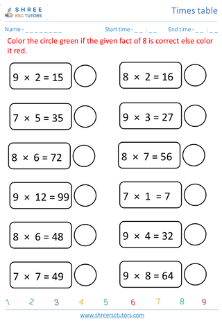 Grade 4  Maths worksheet: Time-table Practice - Rivision of 7's, 8's, 9's and 10's time table