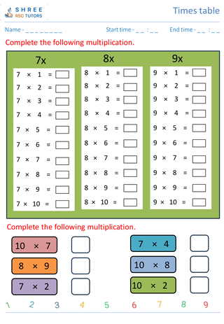 Grade 4  Maths worksheet: Time-table Practice - Rivision of 7's, 8's, 9's and 10's time table