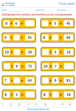 Grade 4  Maths worksheet: Time-table Practice - Rivision of 7's, 8's, 9's and 10's time table