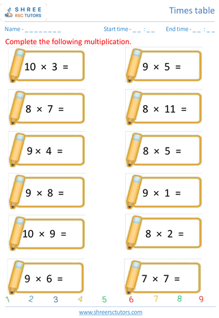 Grade 4  Maths worksheet: Time-table Practice - Rivision of 7's, 8's, 9's and 10's time table