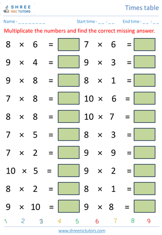 Grade 4  Maths worksheet: Time-table Practice - Rivision of 7's, 8's, 9's and 10's time table