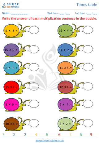 Grade 4  Maths worksheet: Time-table Practice - Times table practice