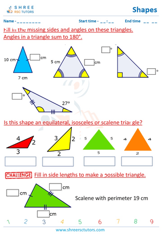 Grade 4  Maths worksheet: Tringles Quadrilaterals - Classifying triangles