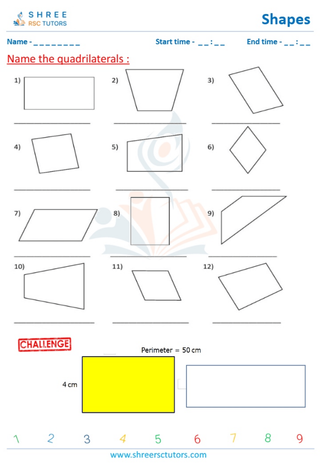 Grade 4  Maths worksheet: Tringles Quadrilaterals - Naming quadrilaterals