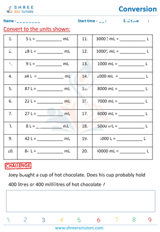 Grade 4  Maths worksheet: Unit transformation - Converting metric units of capacity milliliters (mL) and liters (L)
