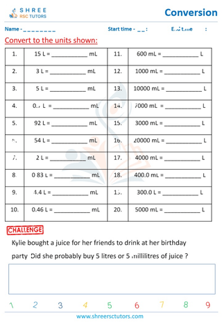 Grade 4  Maths worksheet: Unit transformation - Converting metric units of capacity milliliters (mL) and liters (L)