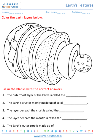 Grade 4  Science worksheet: Earth's Features - Exploring the Earth's layers