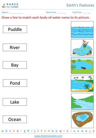 Grade 4  Science worksheet: Earth's Features - Identifying landforms and bodies of water