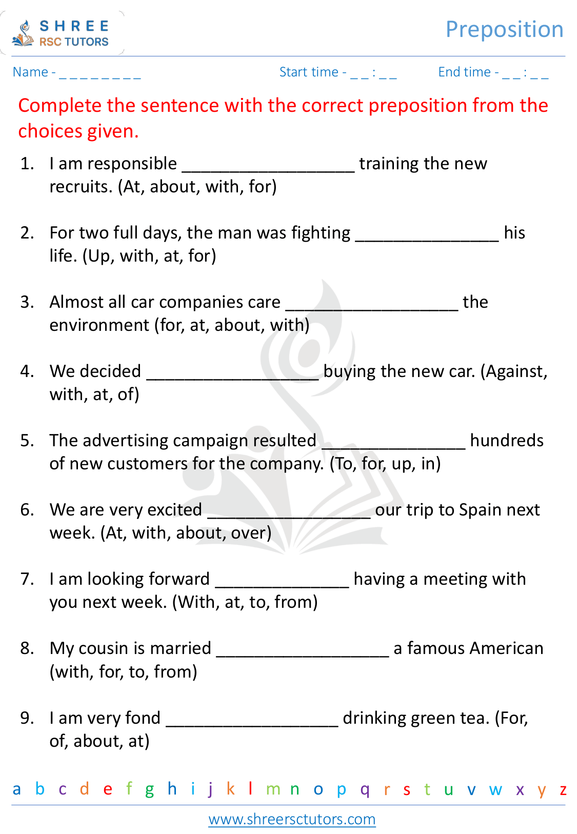 Preposition worksheets for Grade 5 English | shree rsc tutors