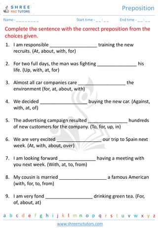 Grade 5  English worksheet: Preposition