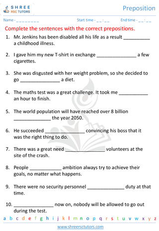 Grade 5  English worksheet: Preposition