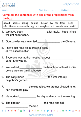 Grade 5  English worksheet: Preposition