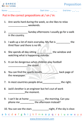 Grade 5  English worksheet: Preposition