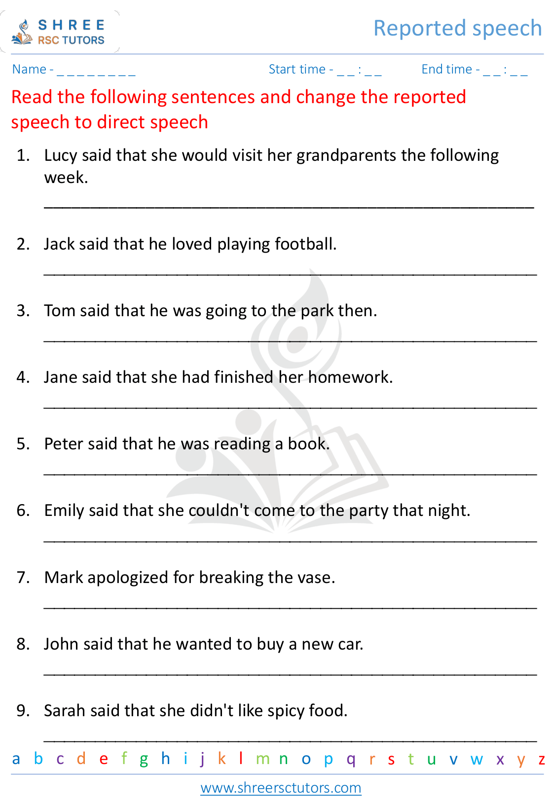 Reported speech worksheets for Grade 5 English | shree rsc tutors