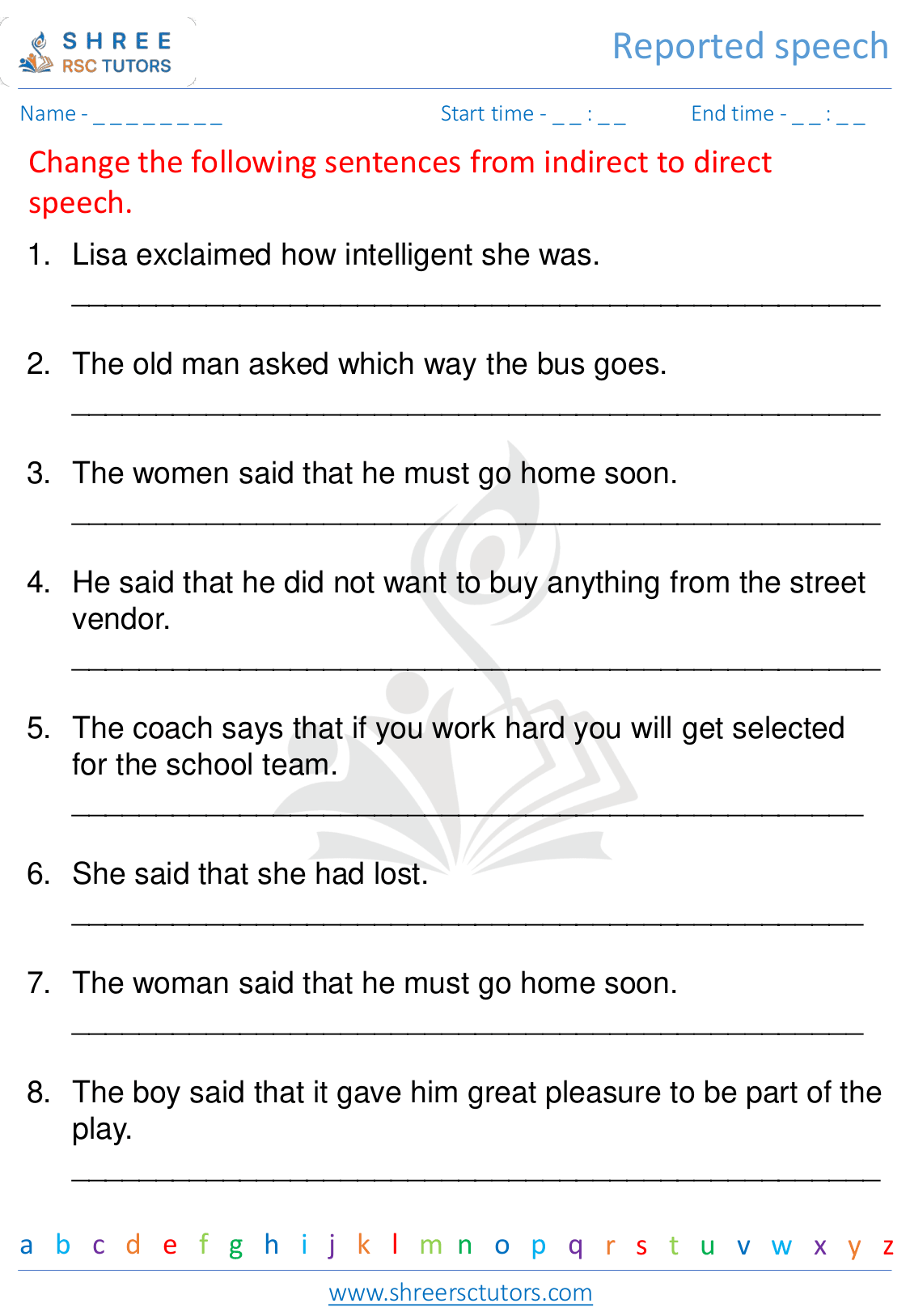 Reported speech worksheets for Grade 5 English | shree rsc tutors