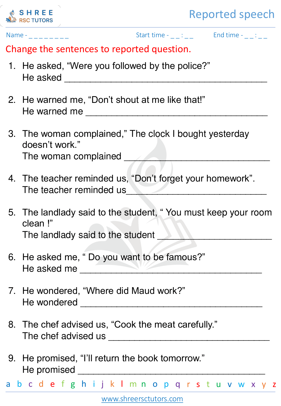 Reported speech worksheets for Grade 5 English | shree rsc tutors