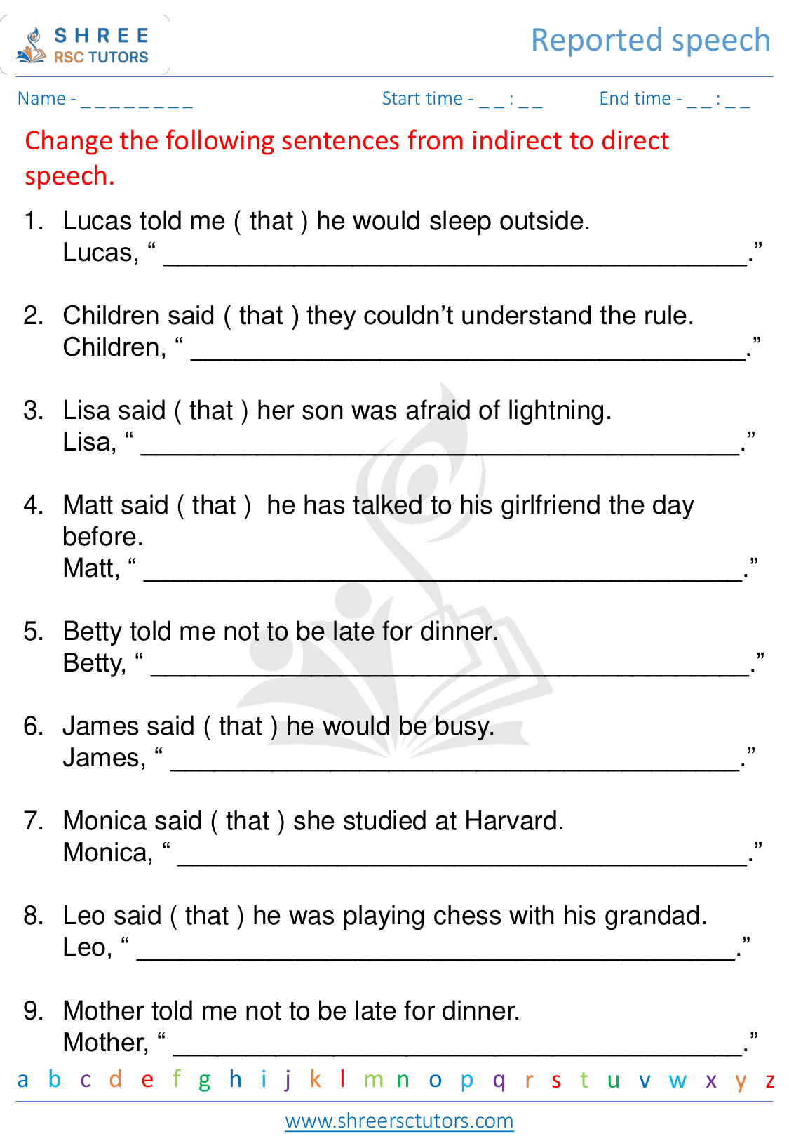 Reported speech worksheets for Grade 5 English | shree rsc tutors