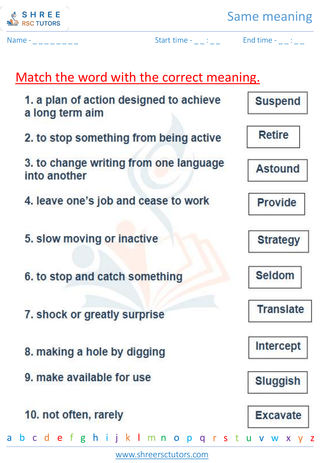 Grade 5  English worksheet: Same meaning