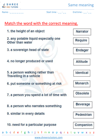 Grade 5  English worksheet: Same meaning