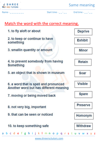 Grade 5  English worksheet: Same meaning